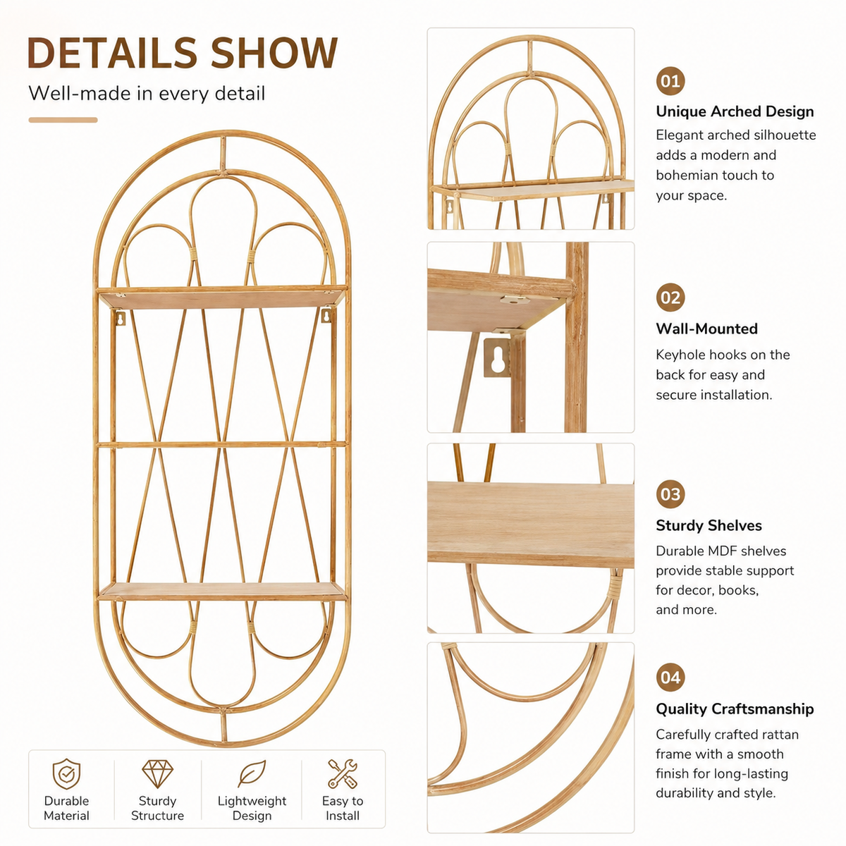 Boho Wall Shelf with Wooden Shelves, 2-Tier Decorative Hanging Wall Organizer, Natural Rattan Arch Floating Shelf for Living Room, Bathroom, Bedroom