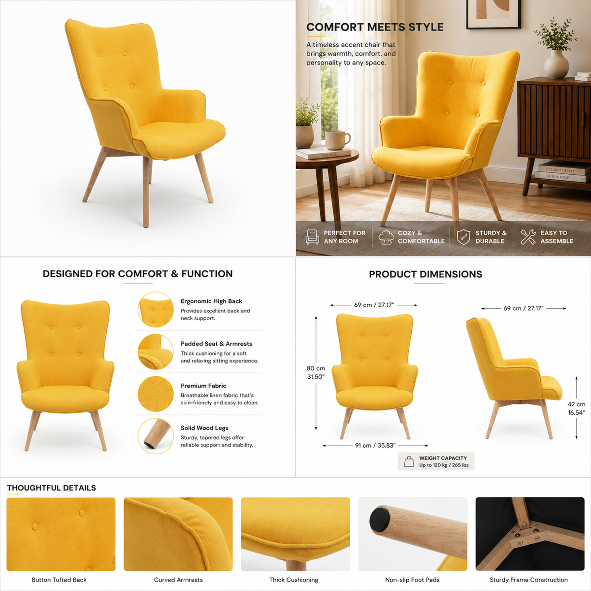 Mid-Century Modern Accent Chair with High Back, Upholstered Wingback Armchair, Button Tufted Lounge Chair with Solid Wood Legs for Living Room Bedroom