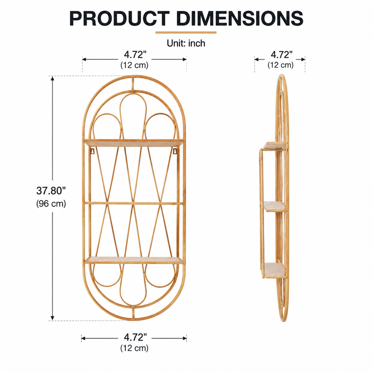 Boho Wall Shelf with Wooden Shelves, 2-Tier Decorative Hanging Wall Organizer, Natural Rattan Arch Floating Shelf for Living Room, Bathroom, Bedroom