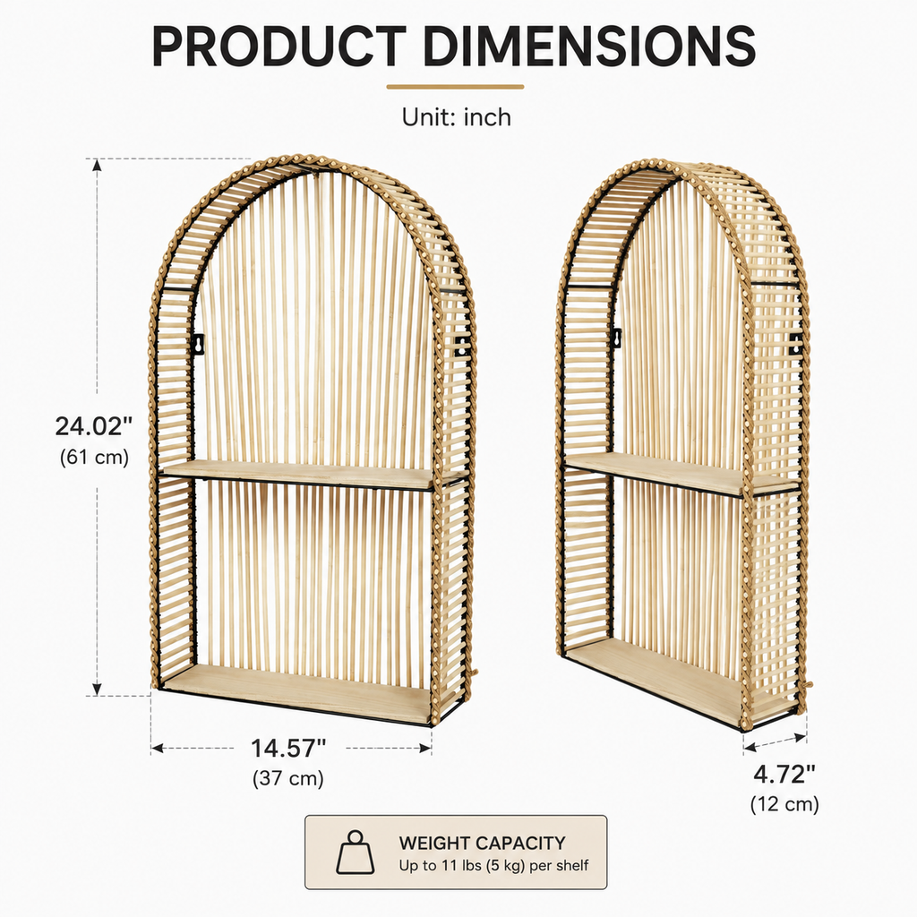 Boho Arched Rattan Wall Shelf, 2-Tier Hanging Floating Shelf with Natural Wood Shelves, Decorative Wall Organizer for Bedroom, Bathroom,Living Room