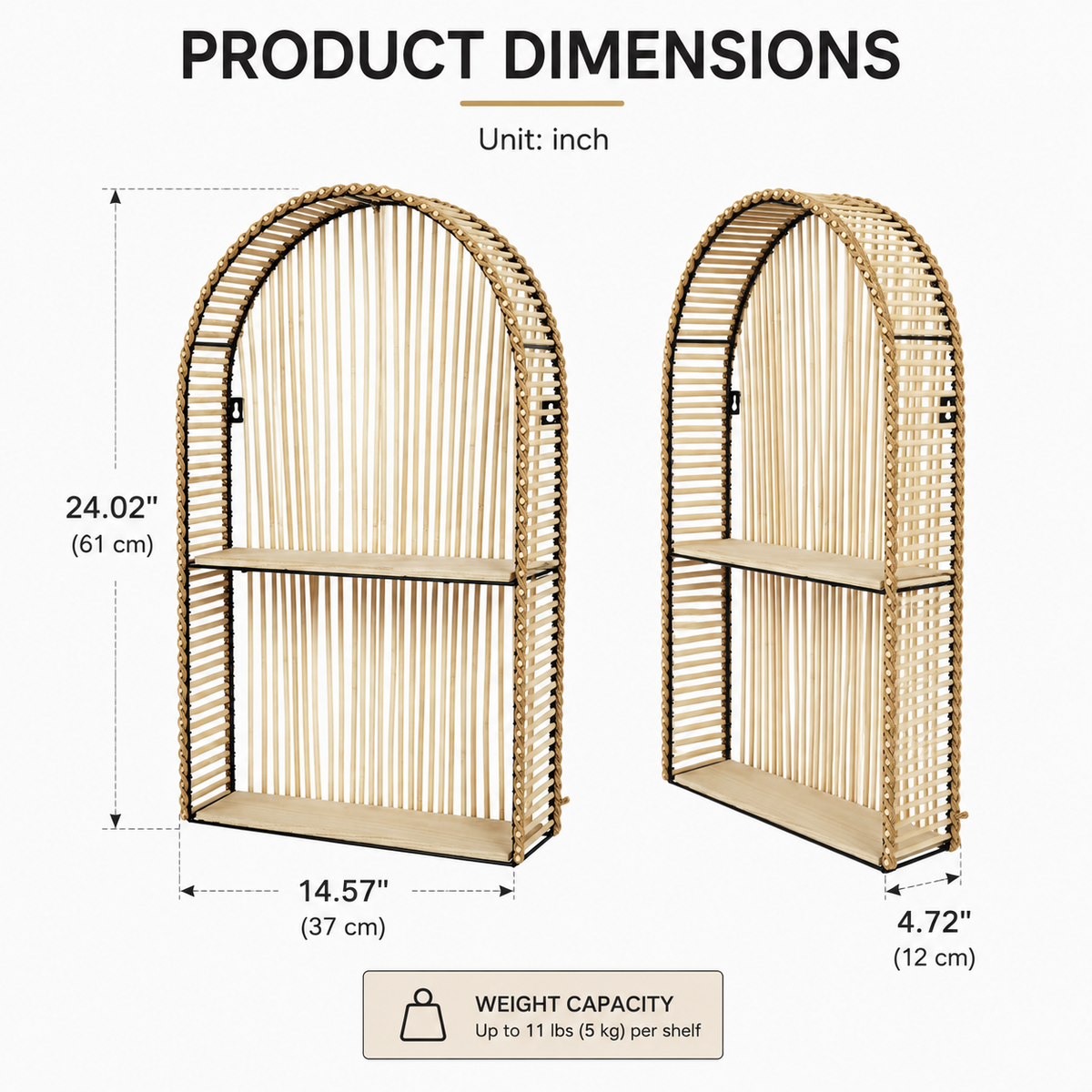 Boho Arched Rattan Wall Shelf, 2-Tier Hanging Floating Shelf with Natural Wood Shelves, Decorative Wall Organizer for Bedroom, Bathroom,Living Room