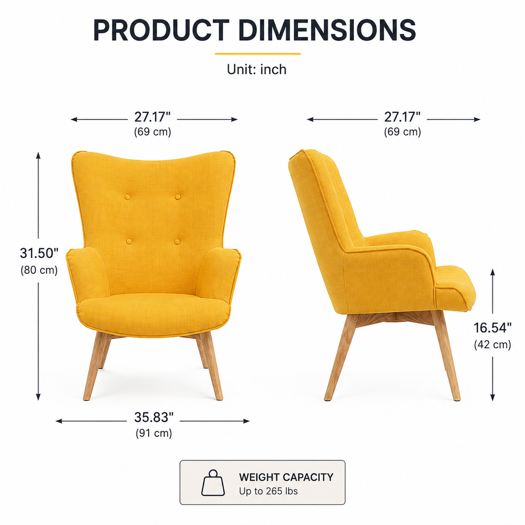 Mid-Century Modern Accent Chair with High Back, Upholstered Wingback Armchair, Button Tufted Lounge Chair with Solid Wood Legs for Living Room Bedroom