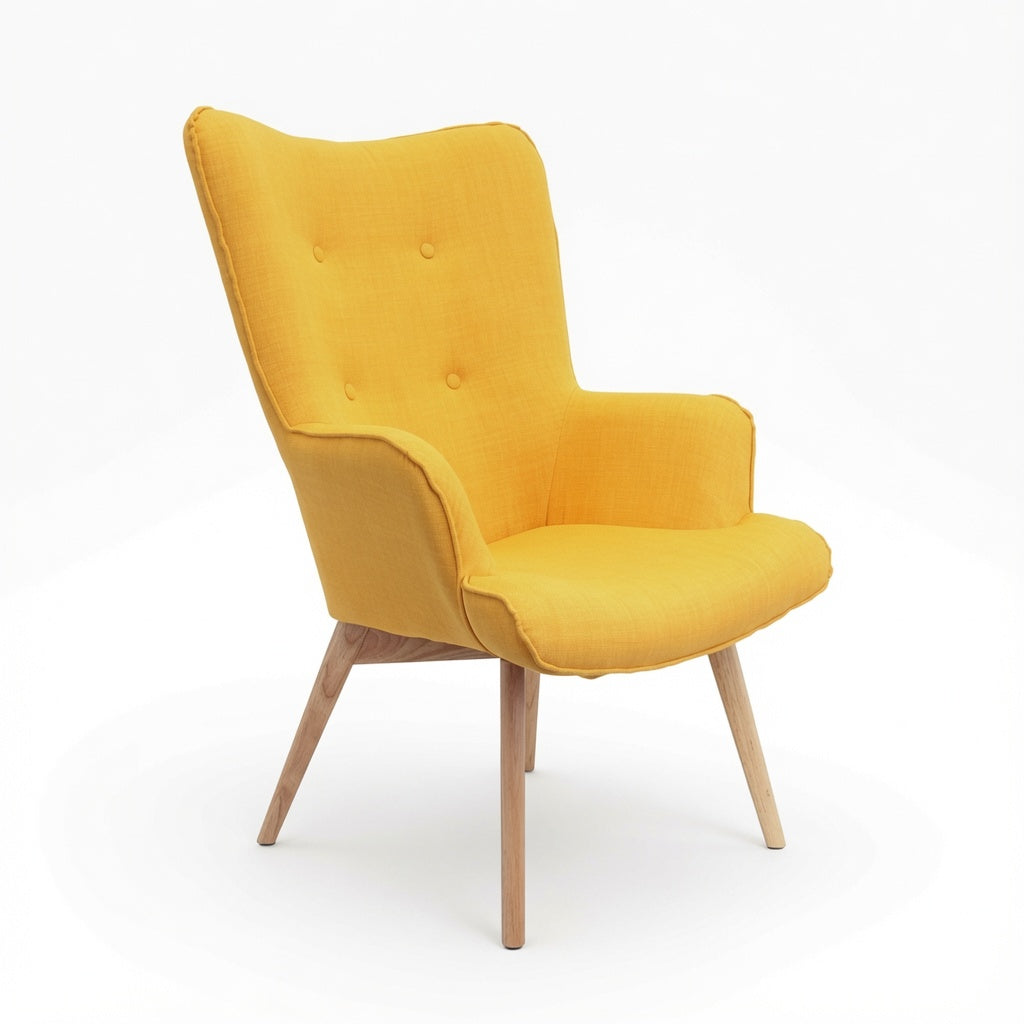 Mid-Century Modern Accent Chair with High Back, Upholstered Wingback Armchair, Button Tufted Lounge Chair with Solid Wood Legs for Living Room Bedroom