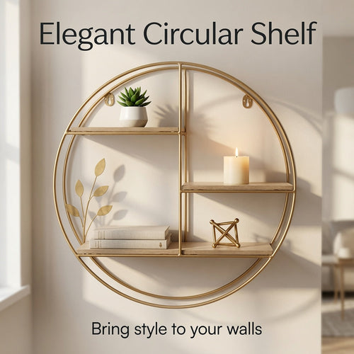 Boho Round Wall Shelf with Wooden Shelves, Gold Metal Hanging Wall Shelf, 3-Tier Decorative Floating Storage Shelf for Living Room, Bedroom,Bathroom