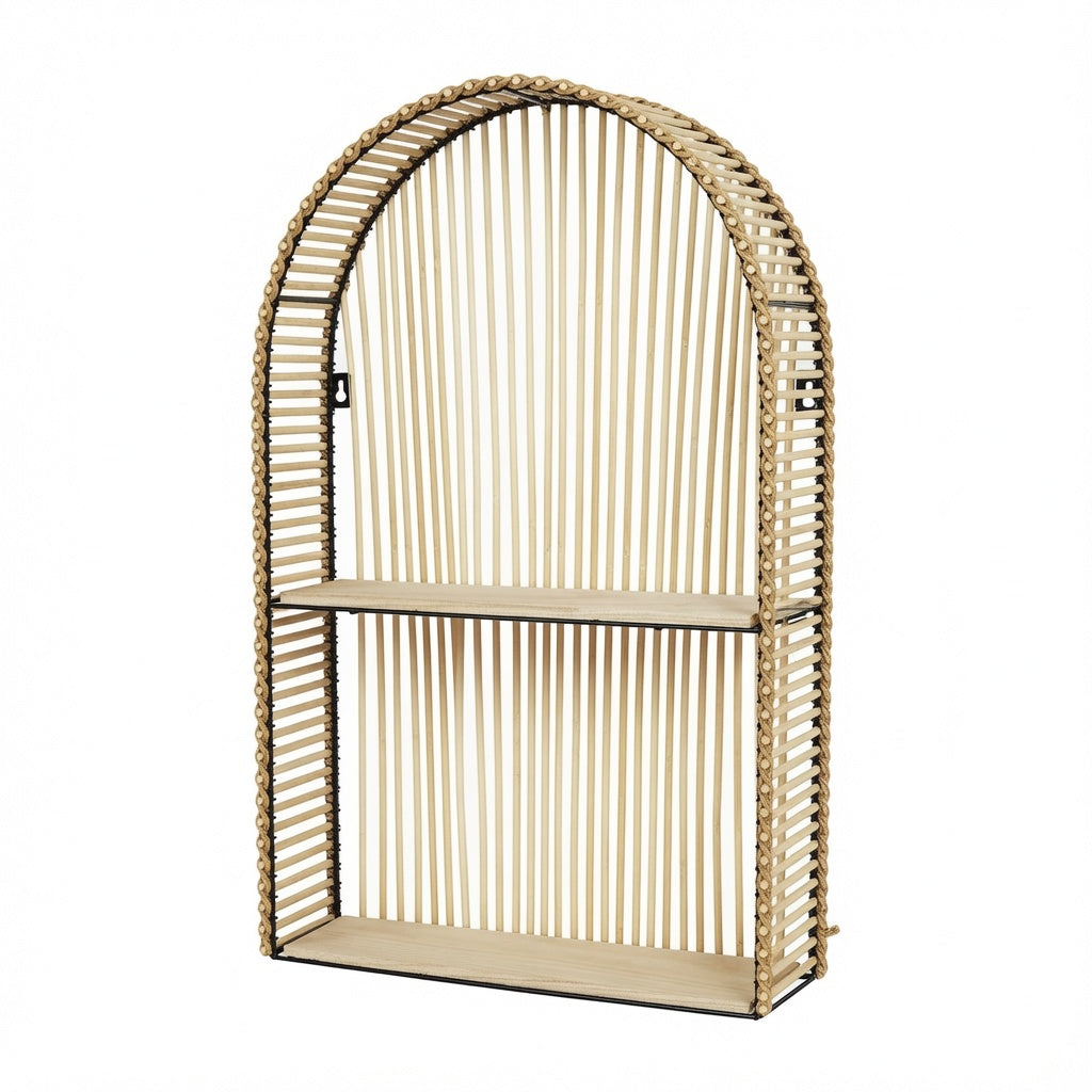Boho Arched Rattan Wall Shelf, 2-Tier Hanging Floating Shelf with Natural Wood Shelves, Decorative Wall Organizer for Bedroom, Bathroom,Living Room