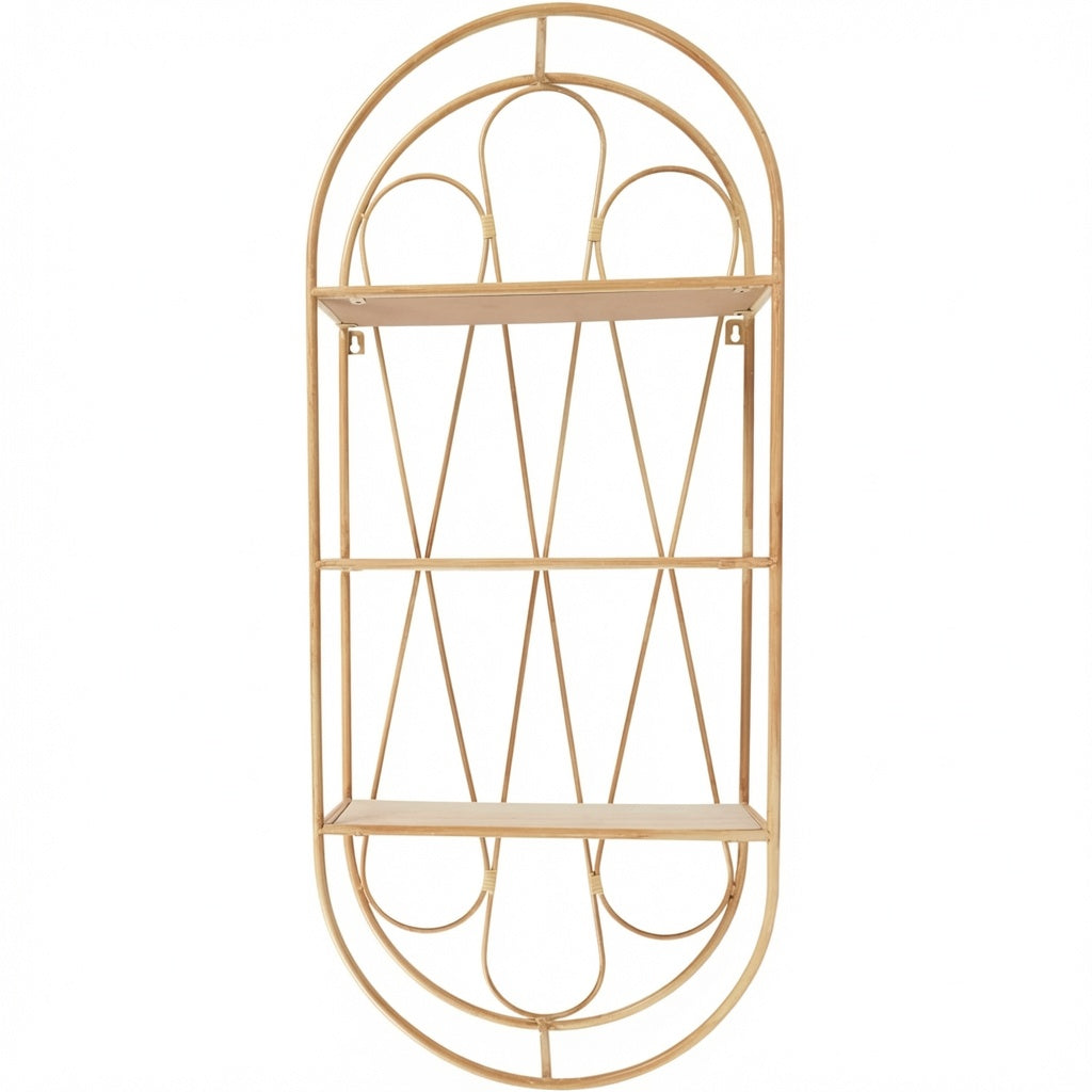 Boho Wall Shelf with Wooden Shelves, 2-Tier Decorative Hanging Wall Organizer, Natural Rattan Arch Floating Shelf for Living Room, Bathroom, Bedroom