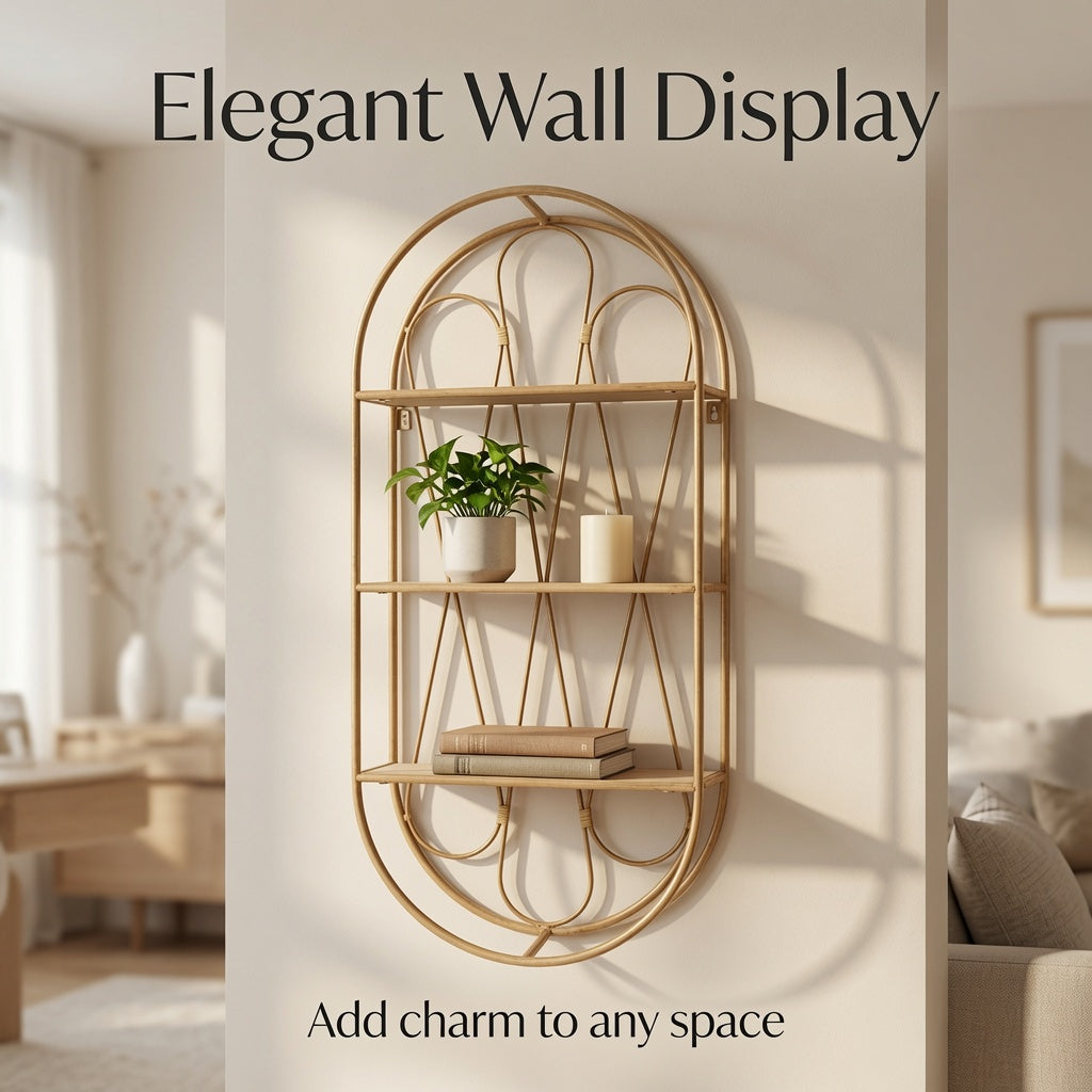 Boho Wall Shelf with Wooden Shelves, 2-Tier Decorative Hanging Wall Organizer, Natural Rattan Arch Floating Shelf for Living Room, Bathroom, Bedroom