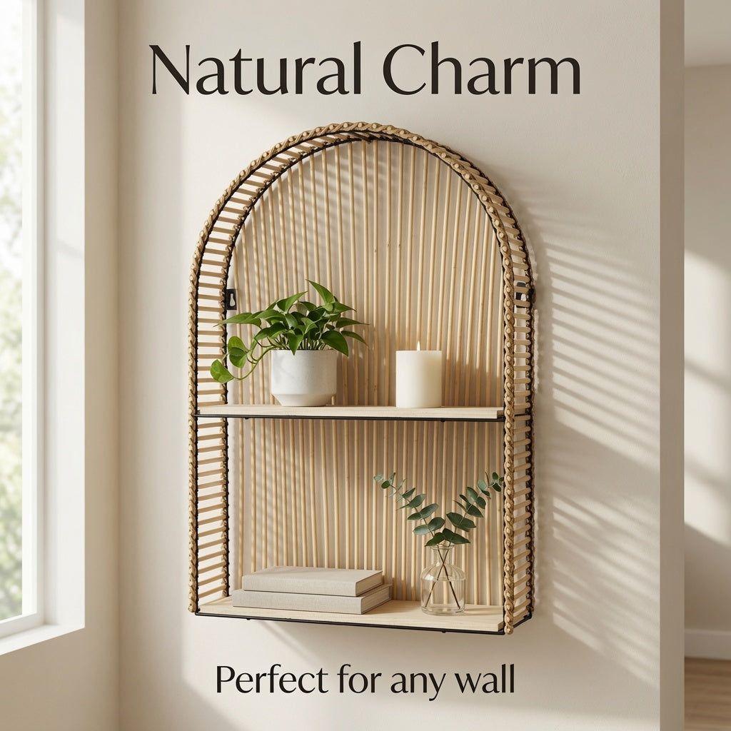 Boho Arched Rattan Wall Shelf, 2-Tier Hanging Floating Shelf with Natural Wood Shelves, Decorative Wall Organizer for Bedroom, Bathroom,Living Room