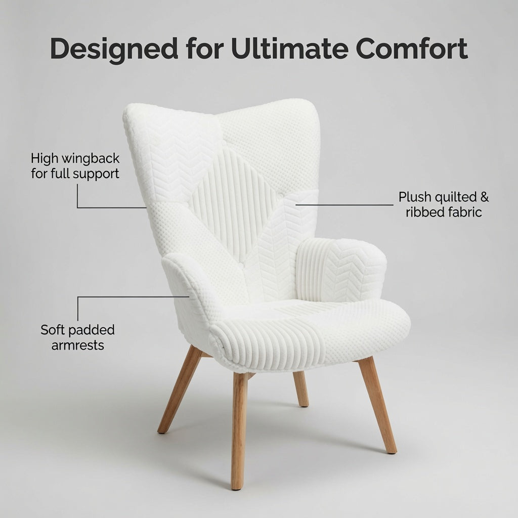Modern Teddy Fleece Accent Chair with High Back, Upholstered Wingback Armchair, Soft Lounge Chair with Solid Wood Legs for Living Room