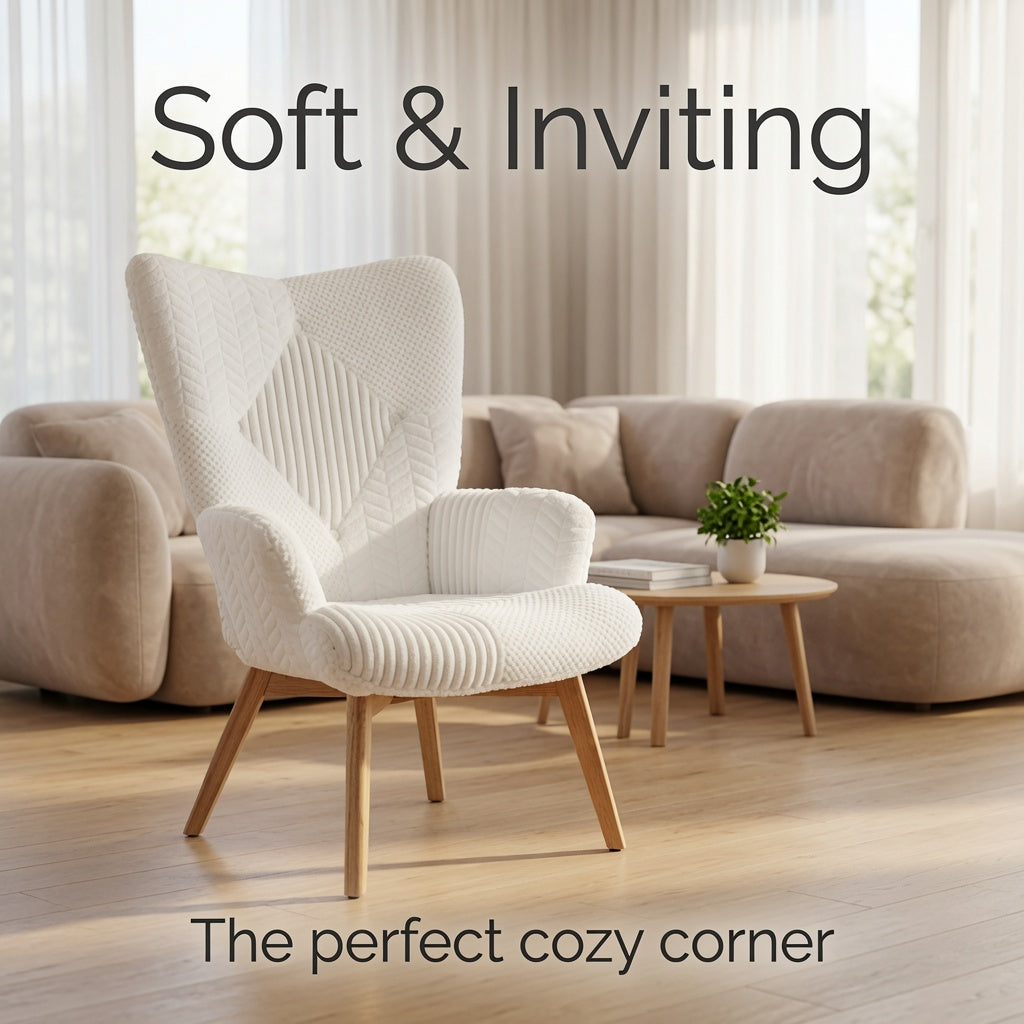 Modern Teddy Fleece Accent Chair with High Back, Upholstered Wingback Armchair, Soft Lounge Chair with Solid Wood Legs for Living Room